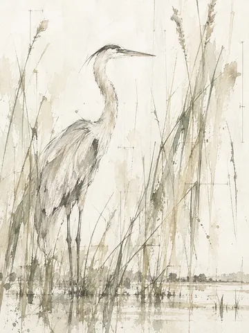 A crane among reeds in white, cream, stone, sand; portrait artwork.