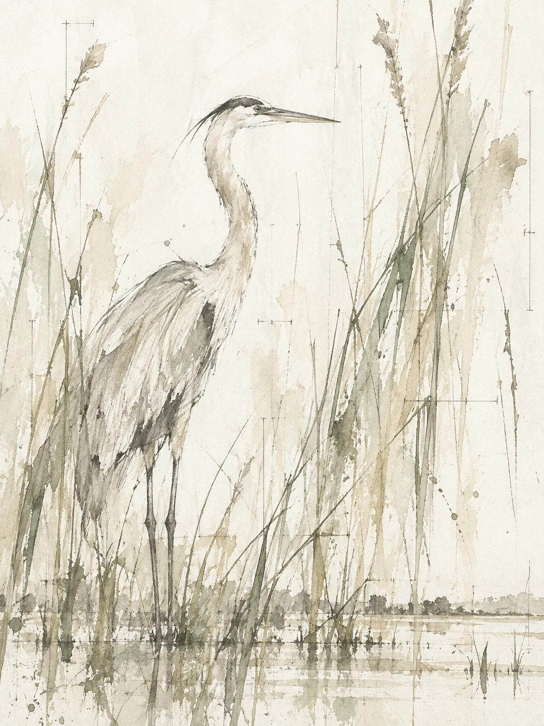 A crane among reeds in white, cream, stone, sand; portrait artwork.
