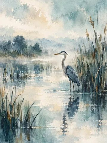 A crane among reeds in cream, gray, stone, charcoal; portrait artwork.