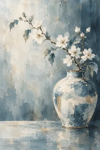 A ginger jar with a flowering branch in cream, stone, gray, olive; portrait artwork.