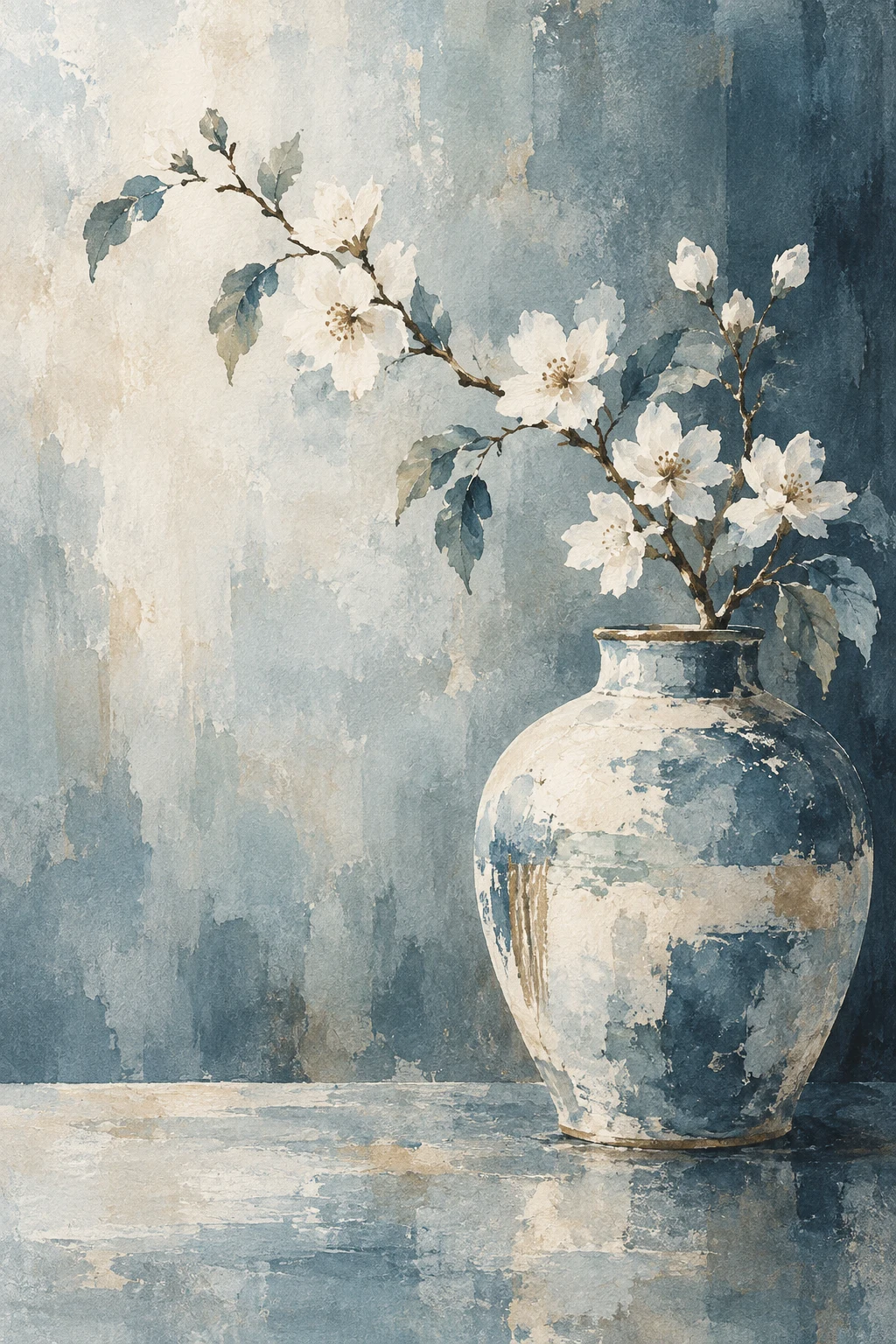 A ginger jar with a flowering branch in cream, stone, gray, olive; portrait artwork.