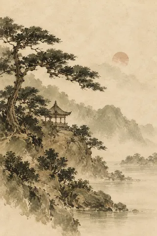 A pagoda pavilion among pines in cream, sand, olive, taupe; portrait artwork.