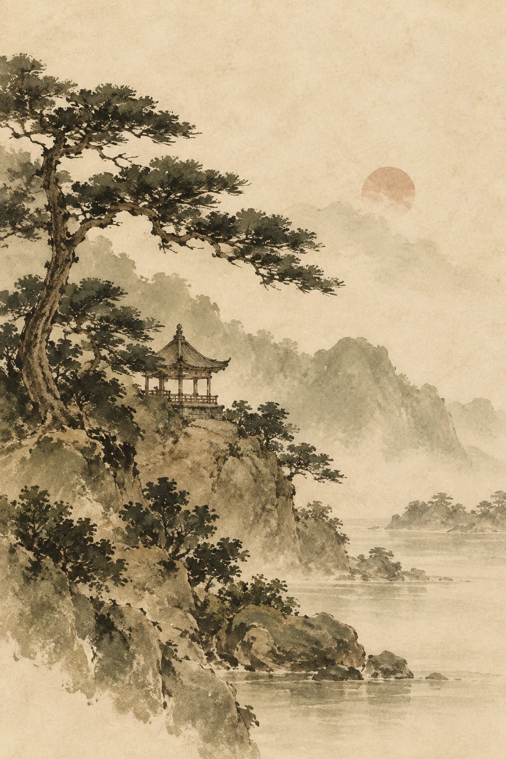 A pagoda pavilion among pines in cream, sand, olive, taupe; portrait artwork.