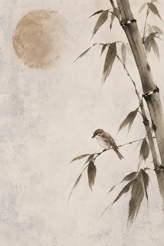 Bamboo stems with a single bird in cream, stone, taupe; portrait artwork.