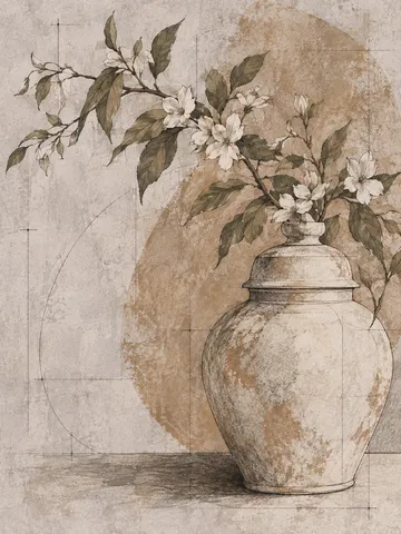 A ginger jar with a flowering branch in stone, gray, taupe, sand; portrait artwork.