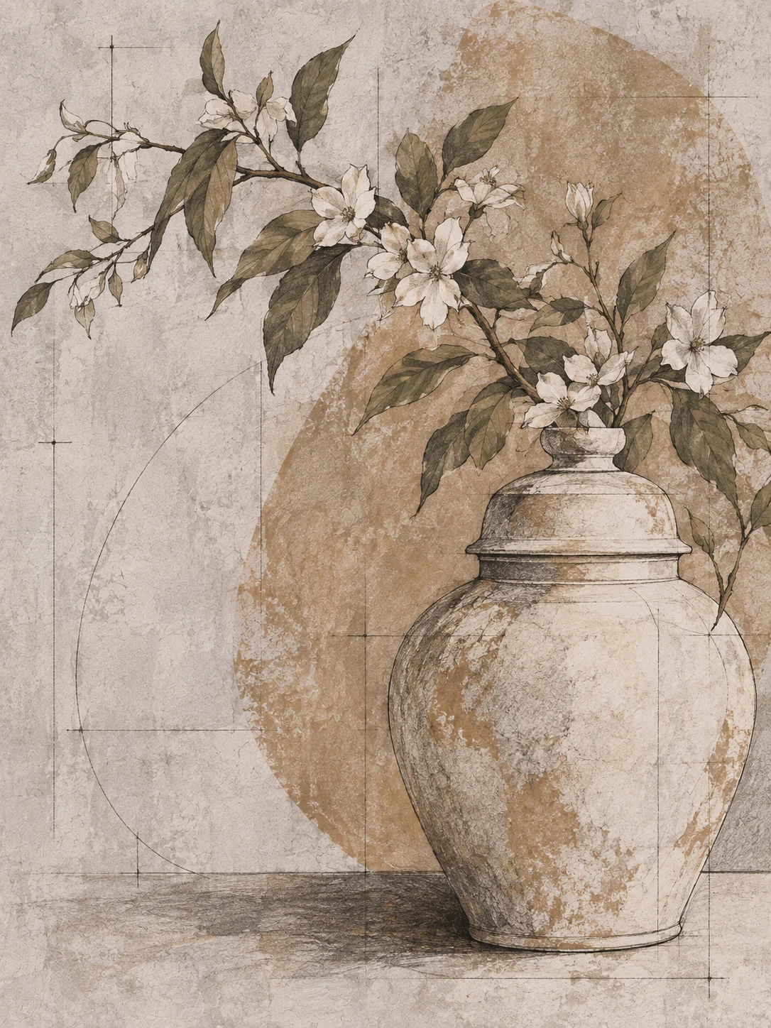 A ginger jar with a flowering branch in stone, gray, taupe, sand; portrait artwork.