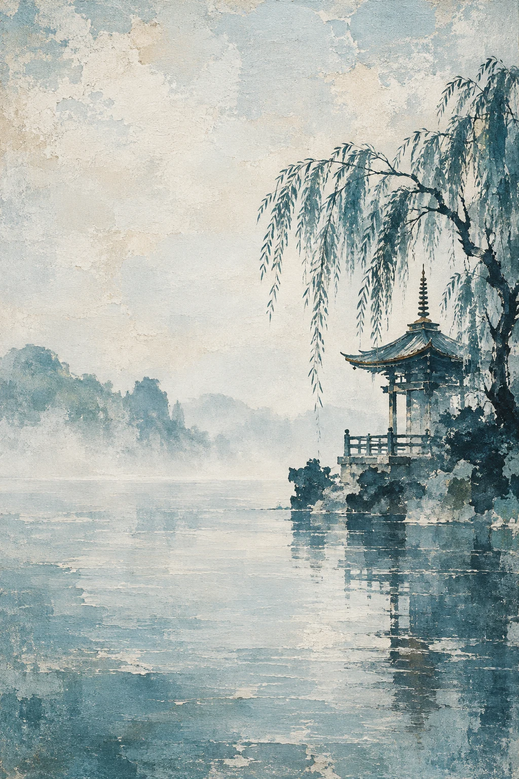 A pagoda and willow by water, delicate line and wash in cream, gray, stone, green; portrait artwork.