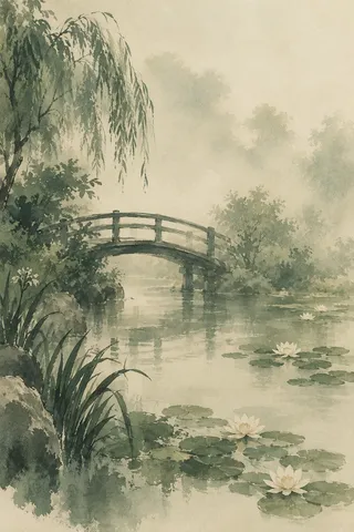 A garden bridge over a lily pond in cream, sage, stone, olive; portrait artwork.
