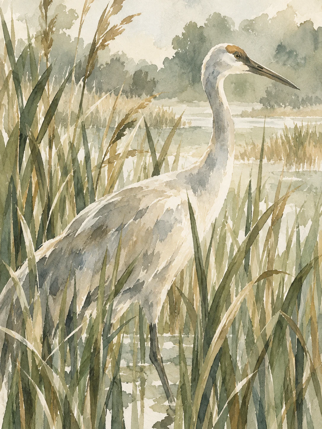 A crane among reeds in cream, sand, taupe, stone; portrait artwork.