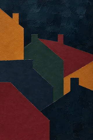 Rooftops after rain in black, burgundy, terracotta; portrait artwork.