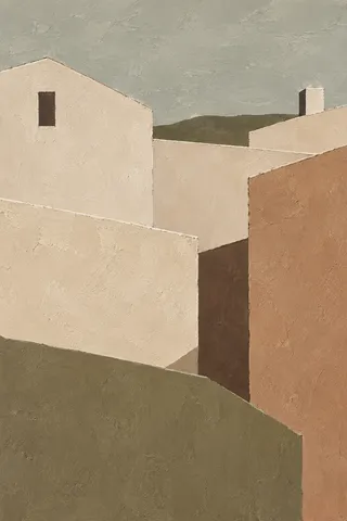 Rooftops after rain in stone, olive, sand, ochre; portrait artwork.