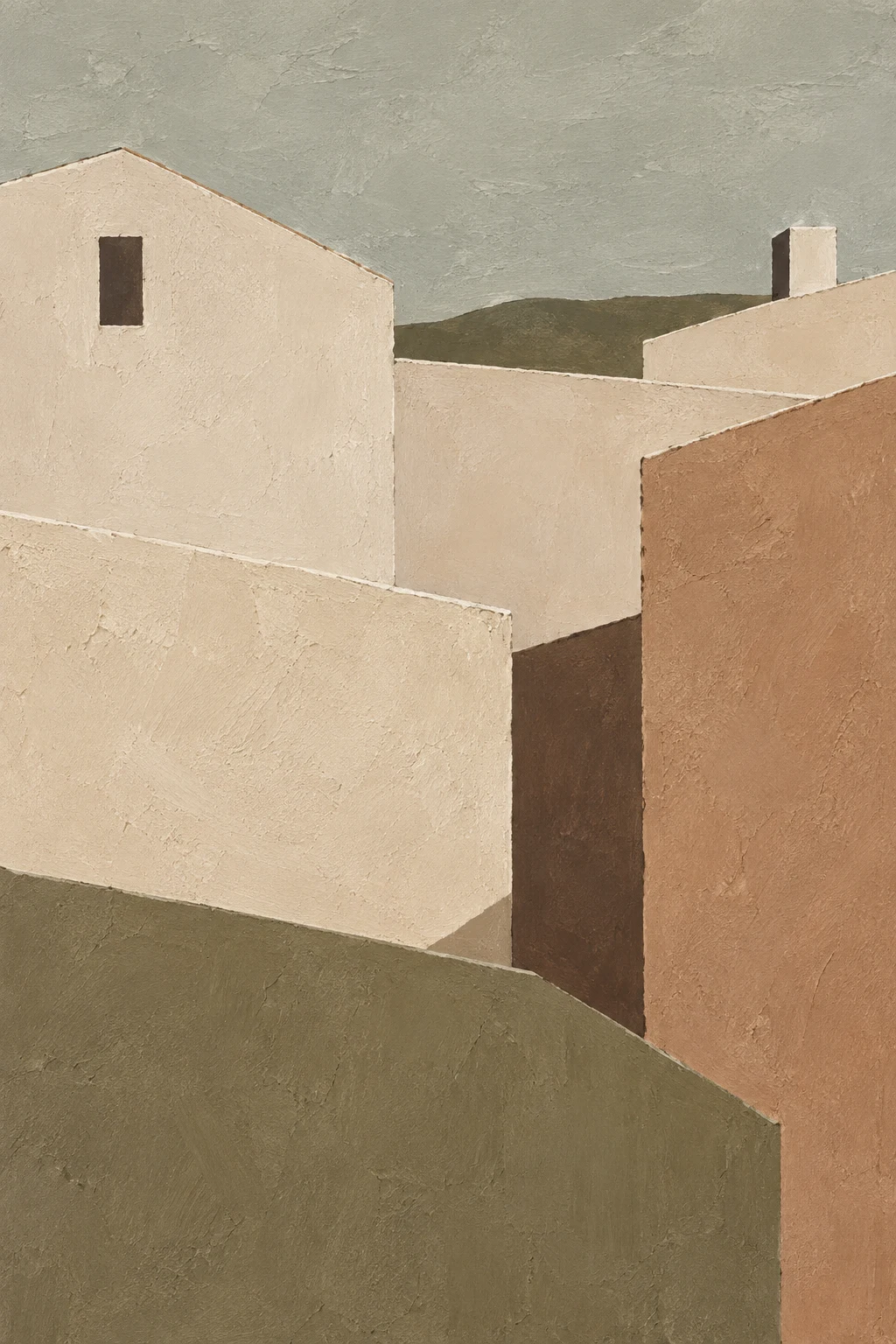 Rooftops after rain in stone, olive, sand, ochre; portrait artwork.