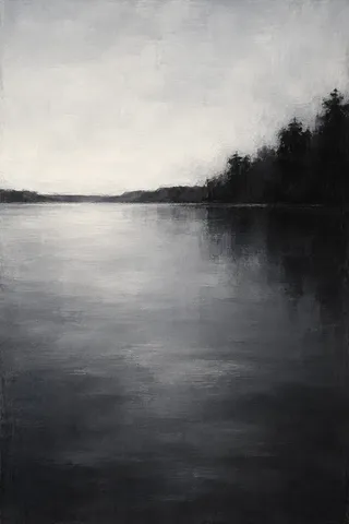 Dark wooded shore and distant banks reflected in still water beneath a layered gray sky.