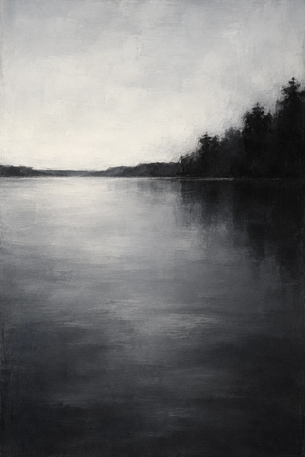 Dark wooded shore and distant banks reflected in still water beneath a layered gray sky.