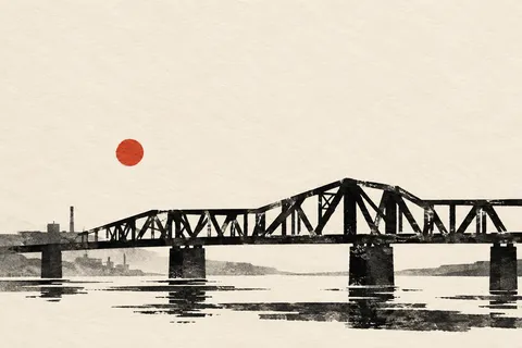 A steel bridge in morning haze in white, cream, charcoal, stone; landscape artwork.