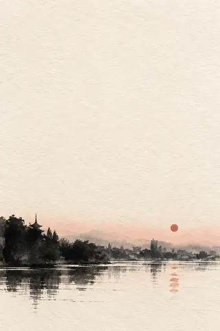 A skyline seen across a river at dusk in cream, white, charcoal; portrait artwork.