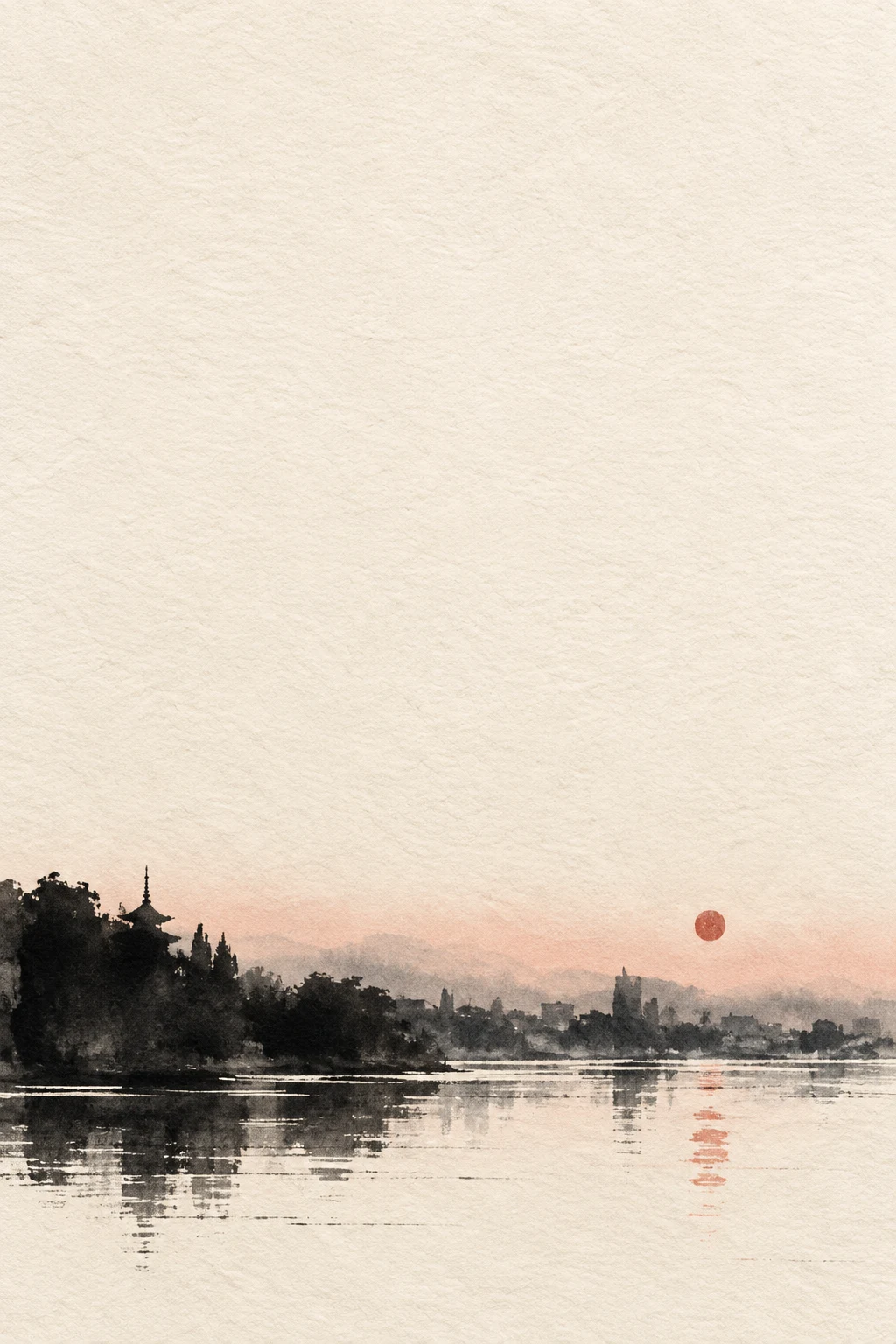 A skyline seen across a river at dusk in cream, white, charcoal; portrait artwork.