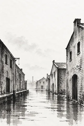 A street of brick warehouses in white, gray, stone, charcoal; portrait artwork.