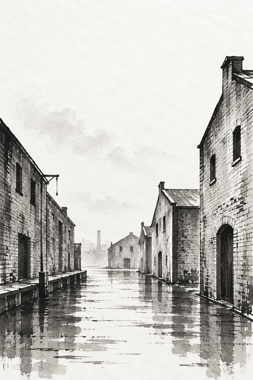 A street of brick warehouses in white, gray, stone, charcoal; portrait artwork.