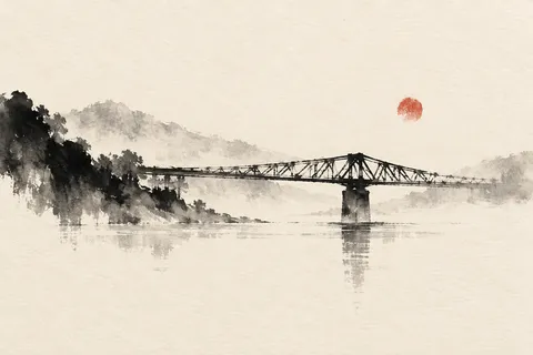 A steel bridge in morning haze in cream, white, stone, charcoal; landscape artwork.