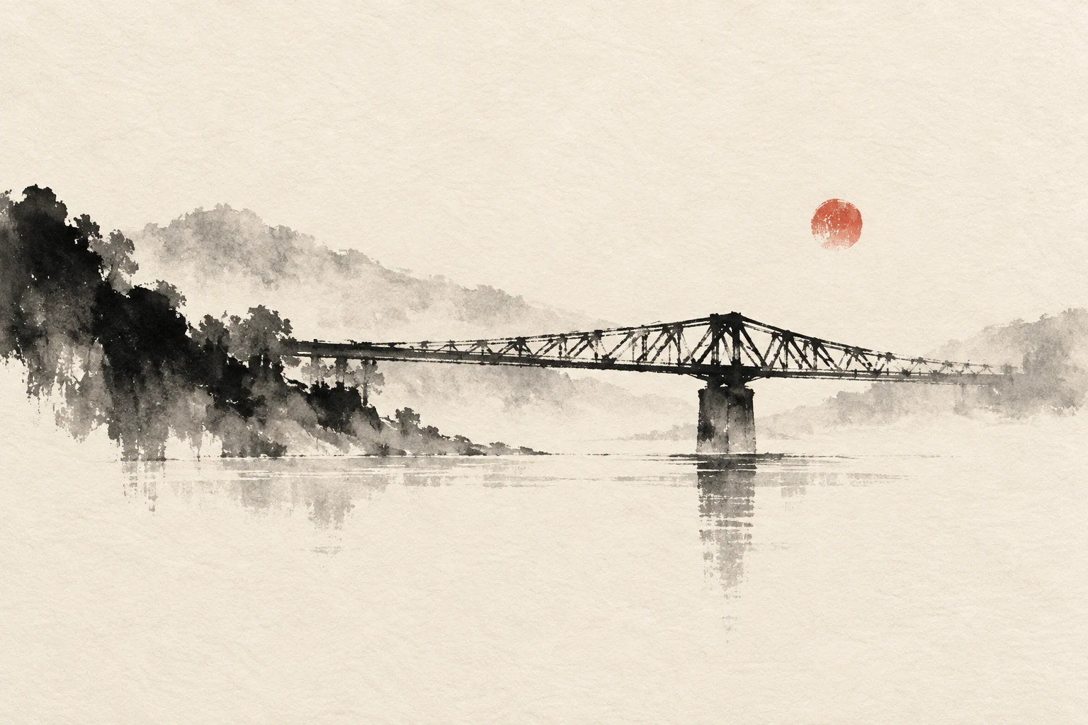 A steel bridge in morning haze in cream, white, stone, charcoal; landscape artwork.