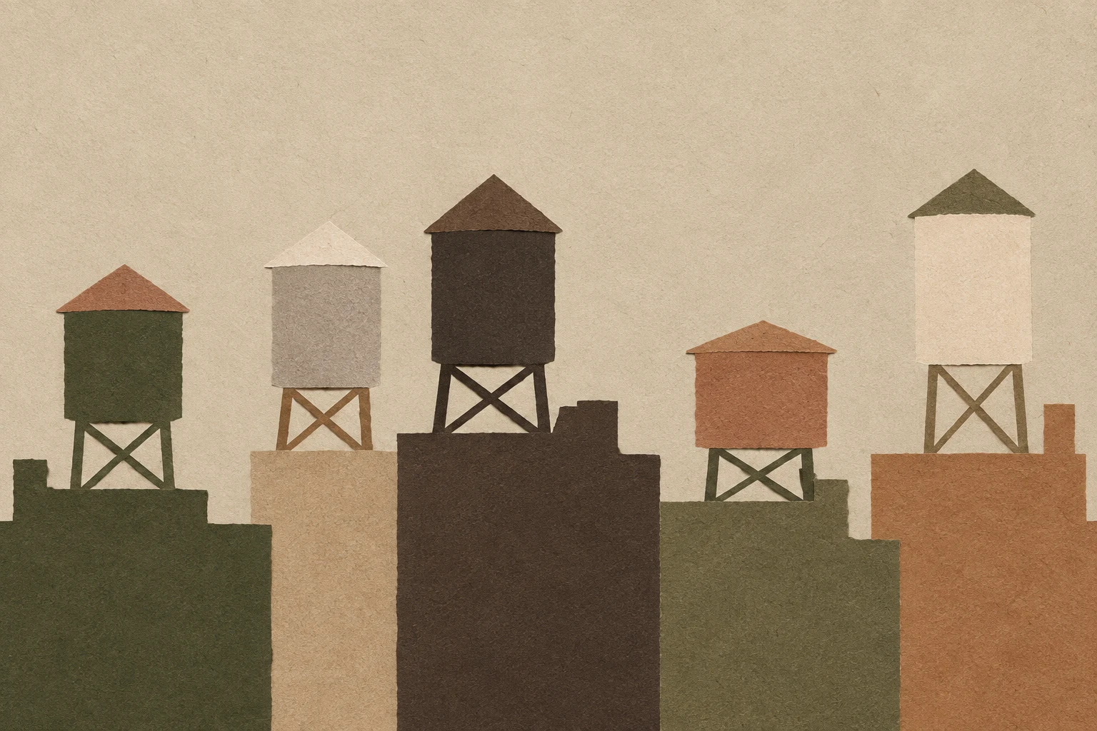 A row of water towers on rooftops in stone, brown, taupe, charcoal; landscape artwork.