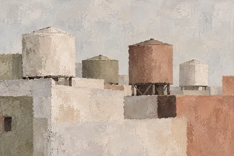 A row of water towers on rooftops in stone, cream, gray, sand; landscape artwork.