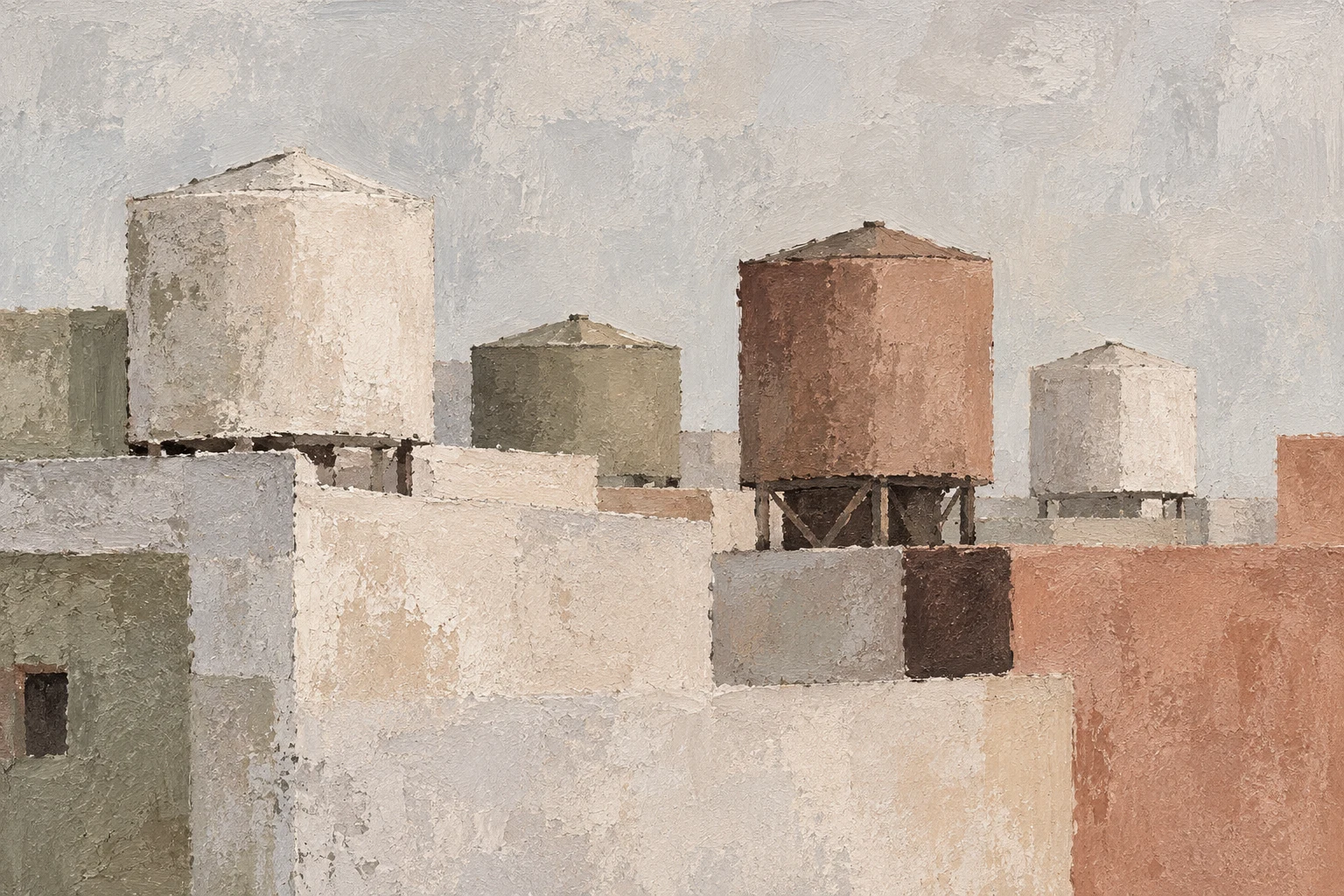 A row of water towers on rooftops in stone, cream, gray, sand; landscape artwork.