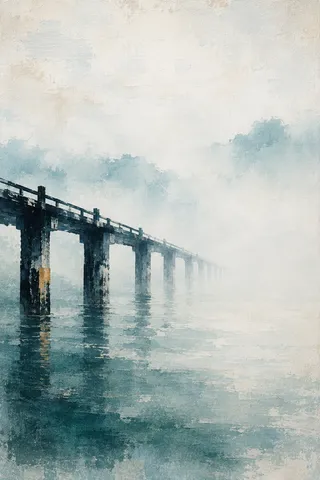 A bridge span disappearing into fog in cream, stone, gray, forest green; portrait artwork.