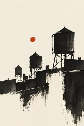 A row of water towers on rooftops in white, black, gray, cream; portrait artwork.