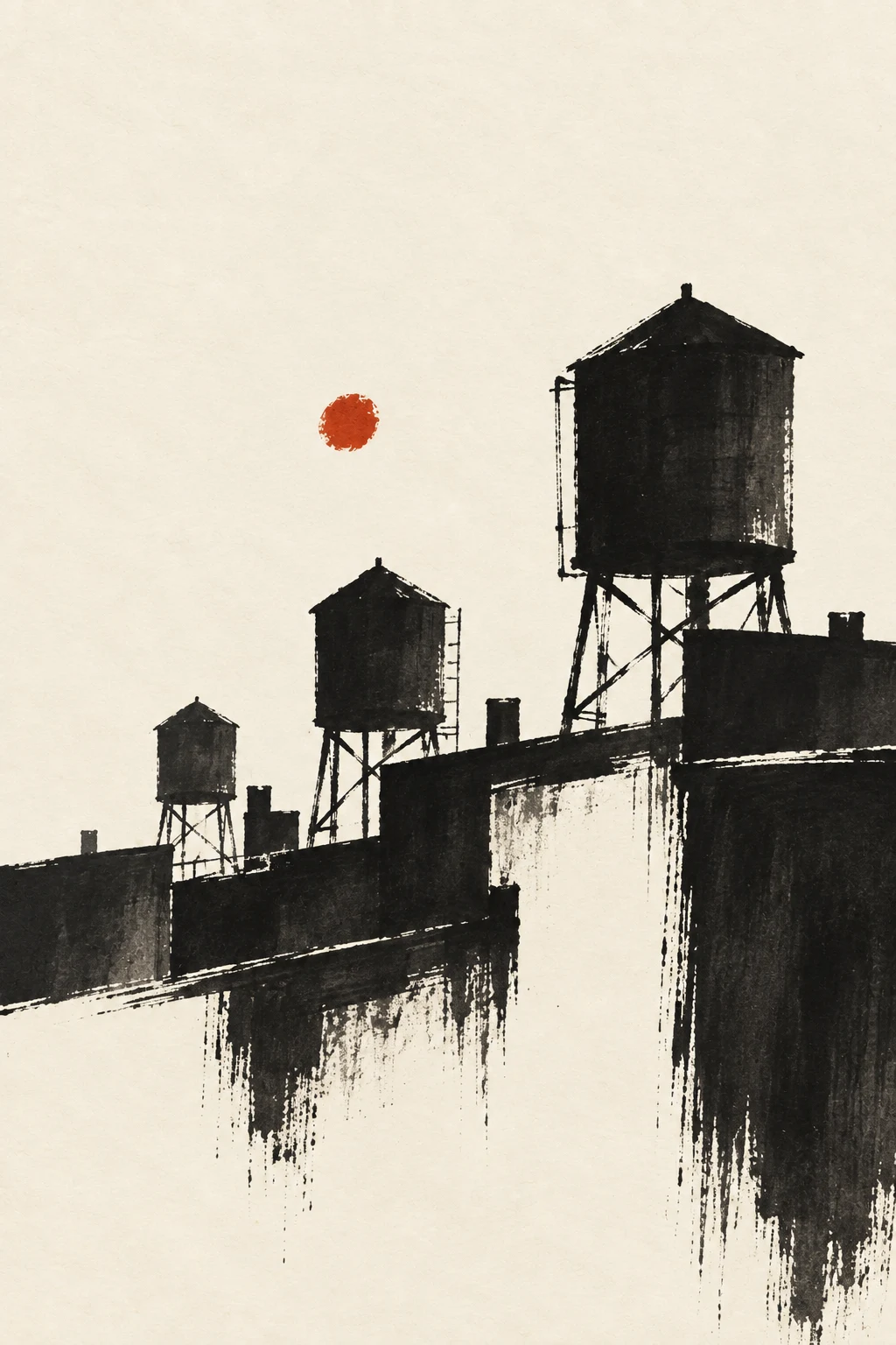 A row of water towers on rooftops in white, black, gray, cream; portrait artwork.
