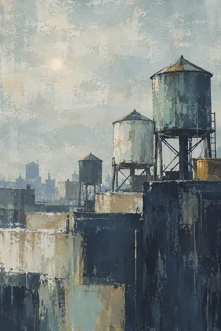 A row of water towers on rooftops in stone, charcoal, gray, navy; portrait artwork.