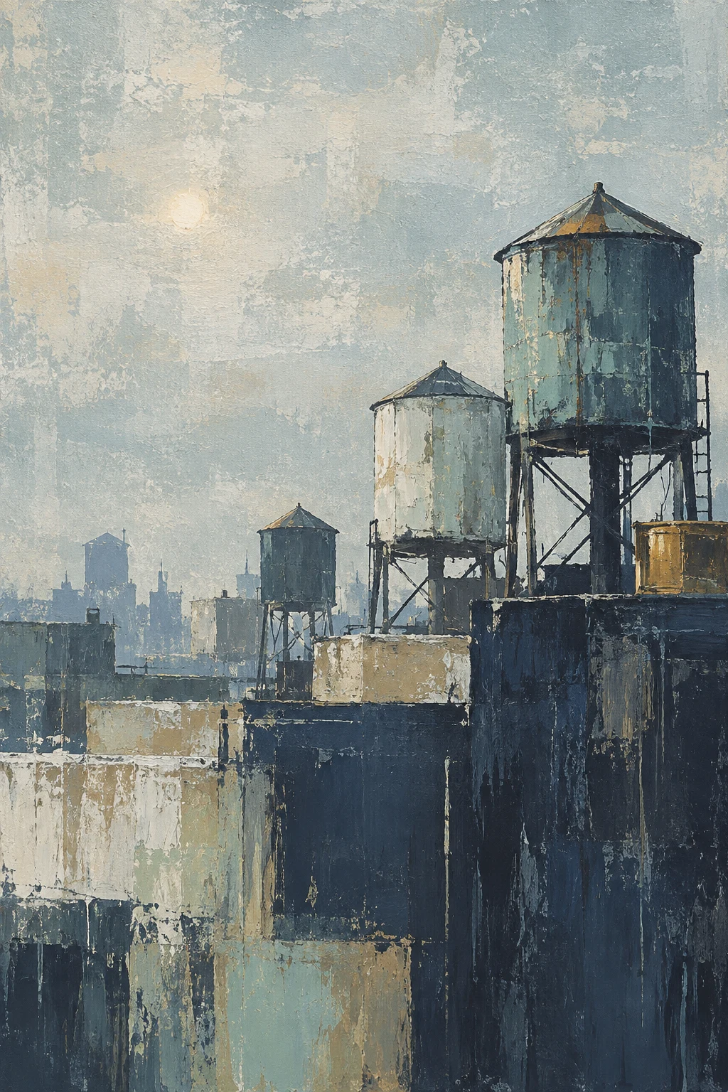 A row of water towers on rooftops in stone, charcoal, gray, navy; portrait artwork.