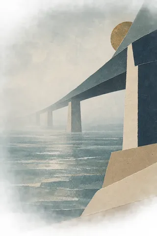 A bridge span disappearing into fog in stone, cream, gray, white; portrait artwork.