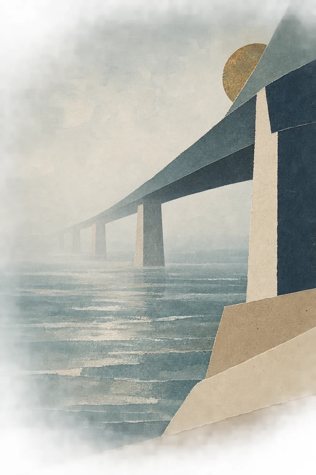 A bridge span disappearing into fog in stone, cream, gray, white; portrait artwork.