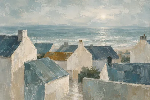 Rooftops after rain in stone, gray, charcoal, cream; landscape artwork.