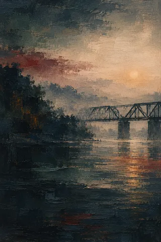 A steel bridge in morning haze in black, charcoal, olive, sand; portrait artwork.