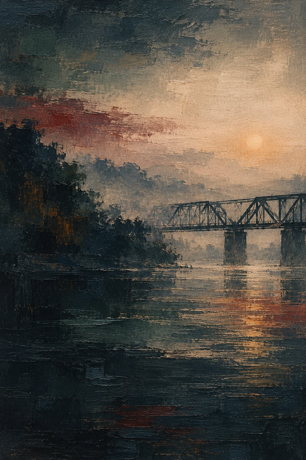 A steel bridge in morning haze in black, charcoal, olive, sand; portrait artwork.