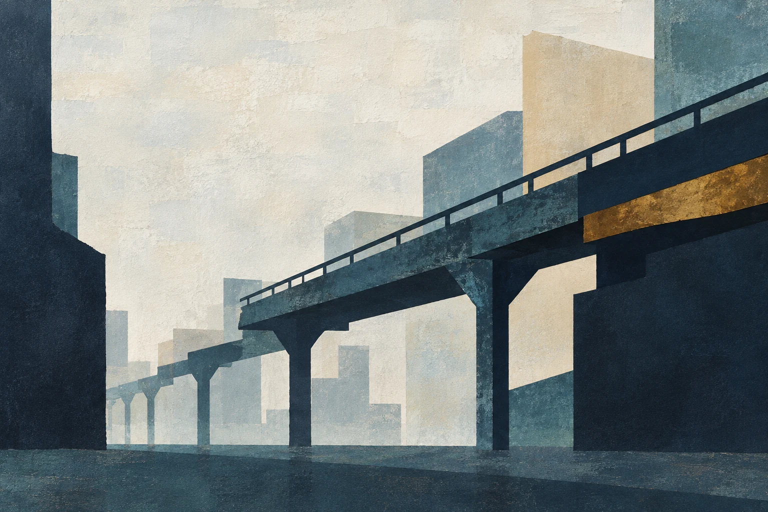 An elevated train line between buildings in cream, charcoal, black, navy; landscape artwork.