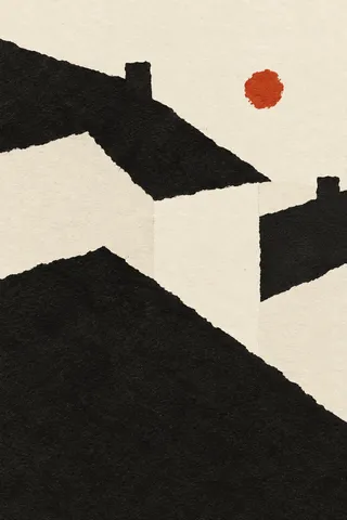 Rooftops after rain in black, cream; portrait artwork.