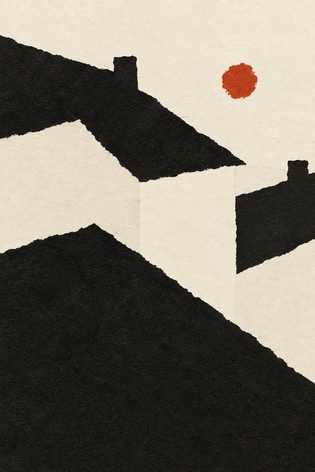Rooftops after rain in black, cream; portrait artwork.