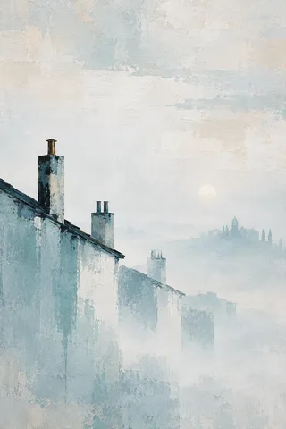 Rooftops and chimneys in morning haze in cream, stone, gray; portrait artwork.