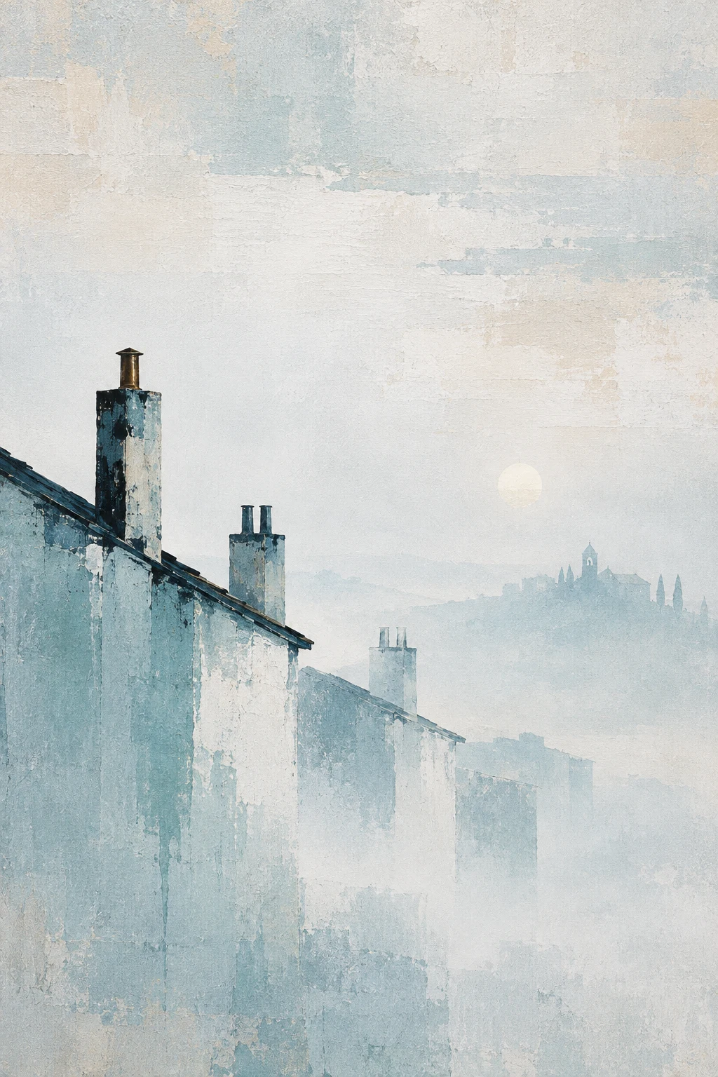 Rooftops and chimneys in morning haze in cream, stone, gray; portrait artwork.