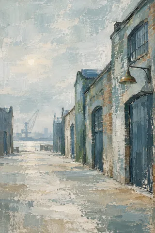 A street of brick warehouses in cream, gray, stone, sand; portrait artwork.
