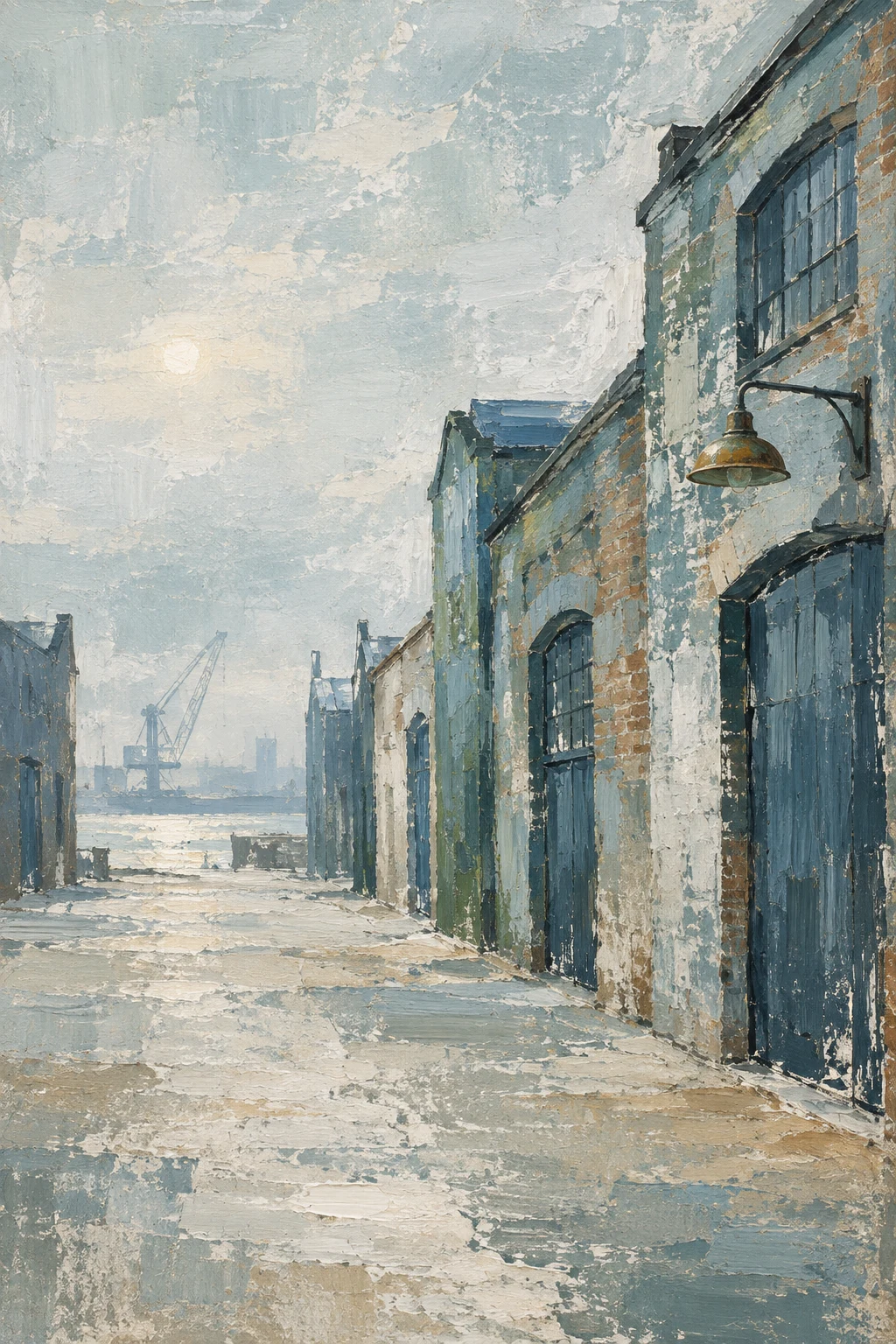 A street of brick warehouses in cream, gray, stone, sand; portrait artwork.