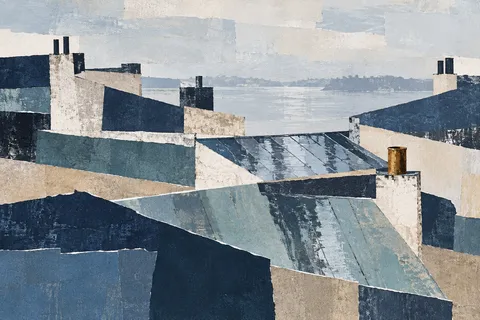 Rooftops after rain in cream, stone, blue, navy; landscape artwork.