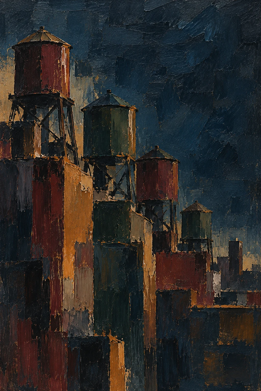 A row of water towers on rooftops in black, brown, charcoal; portrait artwork.