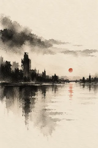 A skyline seen across a river at dusk in cream, black, stone, taupe; portrait artwork.