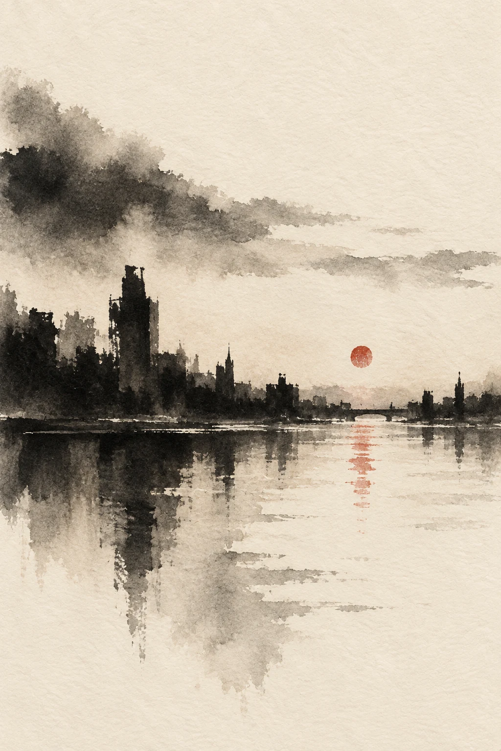 A skyline seen across a river at dusk in cream, black, stone, taupe; portrait artwork.