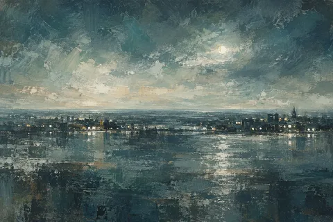 A night skyline as a few lit windows on dark in charcoal, gray, blue, green; landscape artwork.